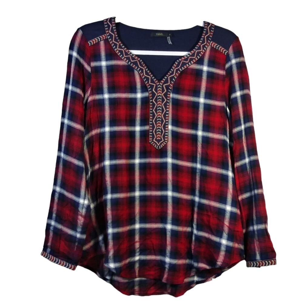 THML Red Blue Plaid Embroidered Western Pop Over Top Size M - Picture 2 of 8